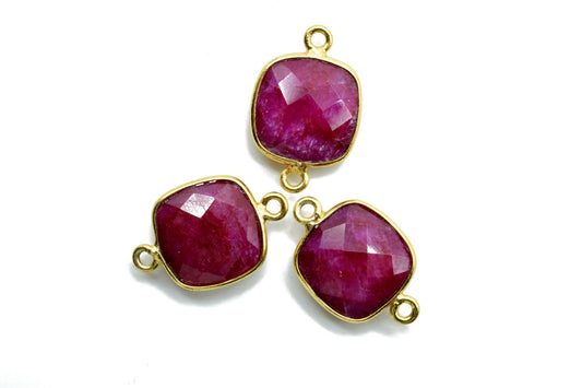 Ruby 12mm Cushion shape Double bail connector,Ruby Pendant,Ruby cushion Gold Plated bezel,Ruby Double loop connector,jewelry making charms