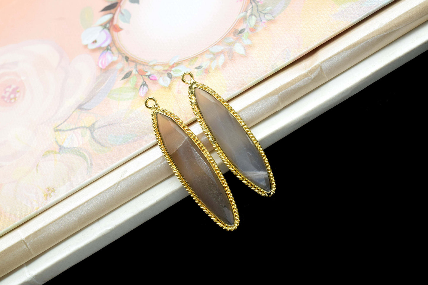 Chocolate Moonstone 7x34mm Marquise Shape Charms,Chocolate Moonstone Pendant,Moonstone Gold Plated bezel,Chocolate Moonstone Connector Bezel