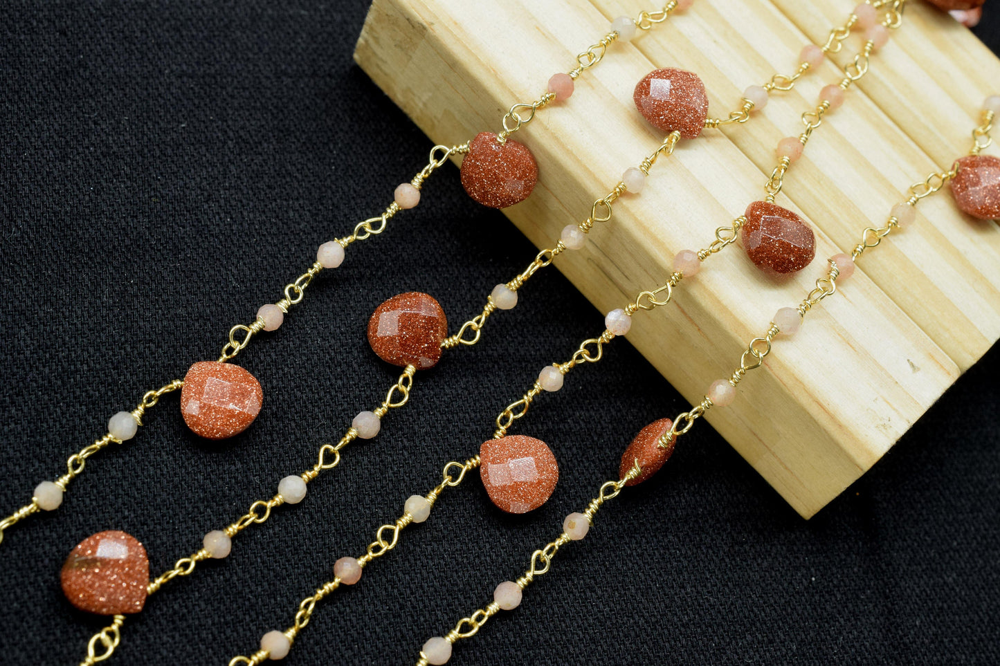 Peach Moonstone Beads Rosary,Silver Plated,Wire Wrapped link Stone Rosary,Heart Shape Briolette Chain, New Style Rosary,sunstone rosary,