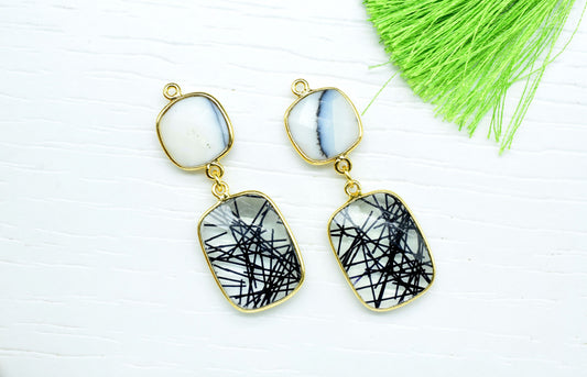Dendrite Opal Dangle Component pendant,Multi Stone Dangle Earring,Square Shape Pendant,Black Rutile pendant Charm,Gemstone Bezel Connector