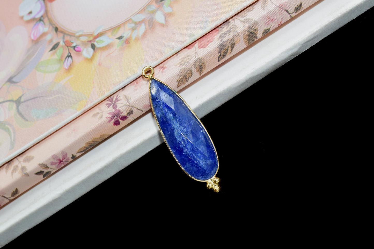 Blue Sapphire 10x30mm Bezel charm,Bezel Link Supplies,Blue Sapphire Jewelry Making,Brass Connector Pendant,GemstoneTeardrop Sapphire Pendant