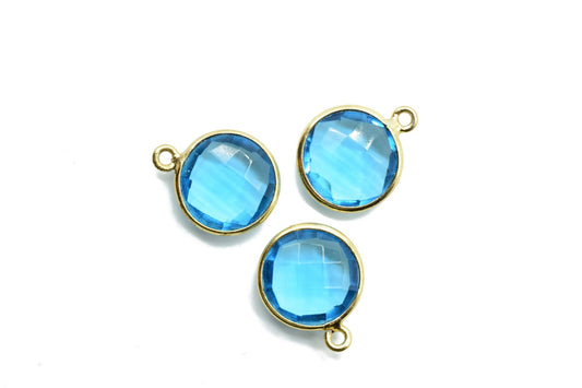 London Blue Topaz 12mm Round charm,Brass Gold Plated bezel,Blue Topaz Pendant,TeardropGold Bezel Trim Edge Faceted Gemstone,Blue Topaz charm