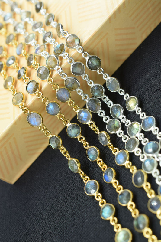 Labradorite 6mm Round Bezel Connector Chain,Gold Plated Gemstone Connector Chain,Bracelet Chain,Bezel Continuous Connector Chain by foot,