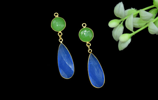 Blue Chalcedony Dangle pendant Charms,Multi Gemstone Dangle Earring,Chrysoprase pendant Connector,Handmade Station Bezel Link,Component Gift