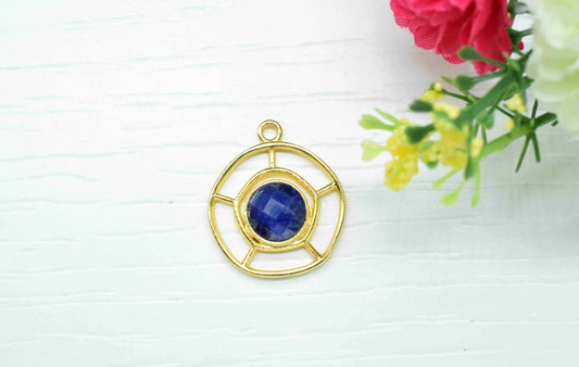 Sapphire Gemstone Component, Single Bail Charm , Sapphire Connector Pendant , Gold Plated Connectors , Earring Component , B'day Gift