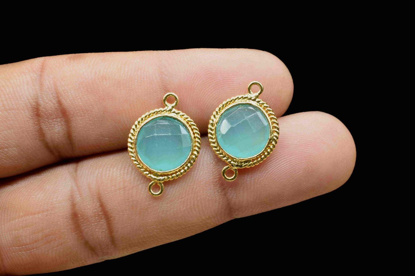 Aqua Chalcedony 10mm Round Shape Bezels Charms,Aqua Chalcedony Gold Plating Gemstone Bezel Connector,Aqua chalcedony Double Loop Charms,Gift