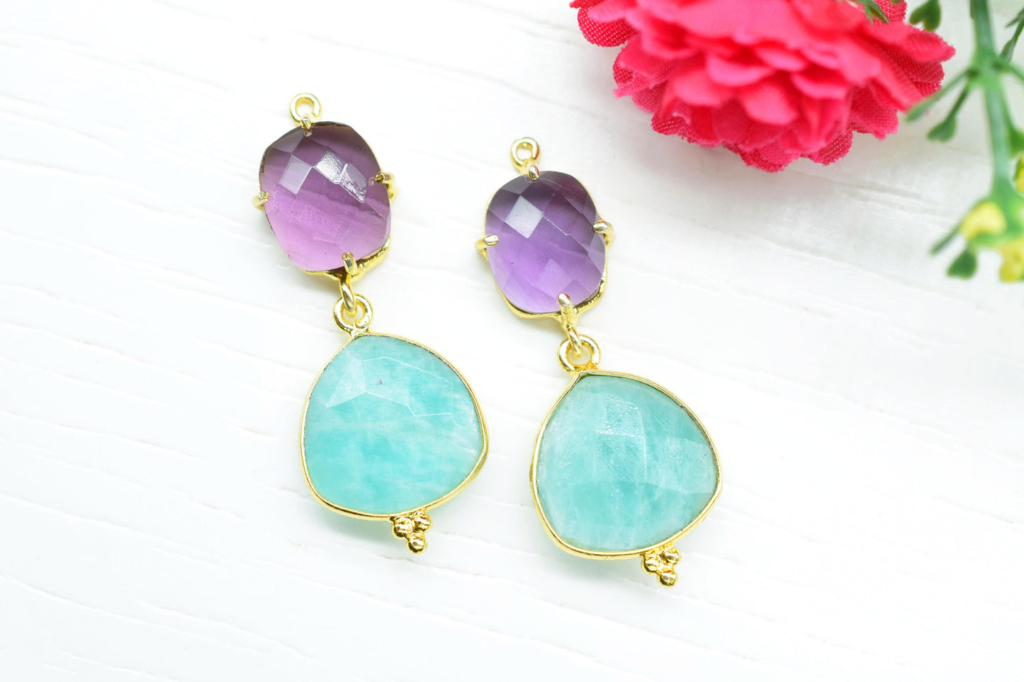 Amethyst Bezel Charm Connector/Station Bezel Link Pendant/Prong Bezel Jewelry/Handmade Jewelry/Amazonite Pendant/Connector/B'day Gift