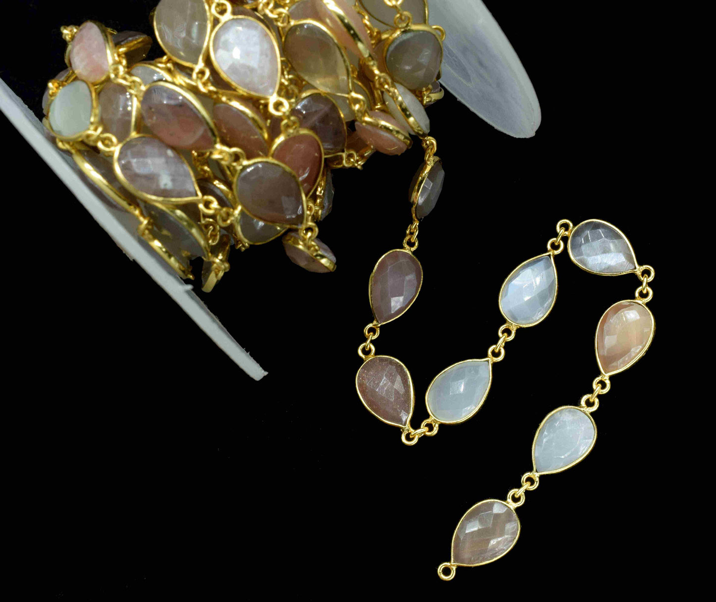 Multi Moonstone Bezels Chain,Moonstone 9x13mm Bezel,Gemstone Link Connector,Moonstone Faceted Brass Chain,Bezels Link Chain,Gemstone Jewelry