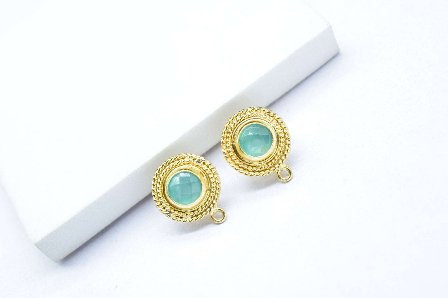 Aqua Chalcedony Gemstone Earring/Chalcedony Round Earring/Designer Bezel Earring/Gold Plated Jewelry/Handmade Jewelry/Earring Connector/Gift