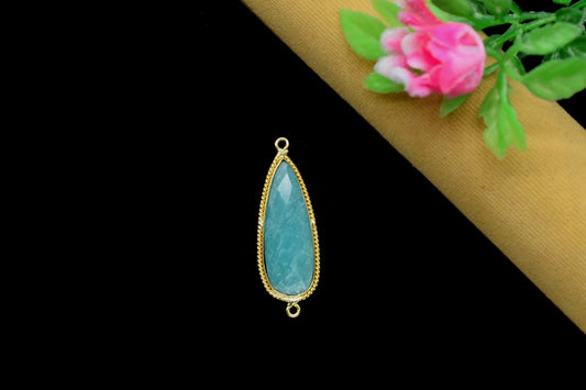 Amazonite Bezel Charms 10x30mm Pear Shape Pendant,Amazonite double Bail Checker Cut Teardrop Connectors Jewelry,Amazonite Gold Plated bezel