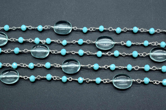 Natural Sky Topaz Smooth Oval Rosary Style Beaded Chain,Gold Plated Wire Wrapped Chain,Gemstone Linked Handmade Chain,Jewelry Making,