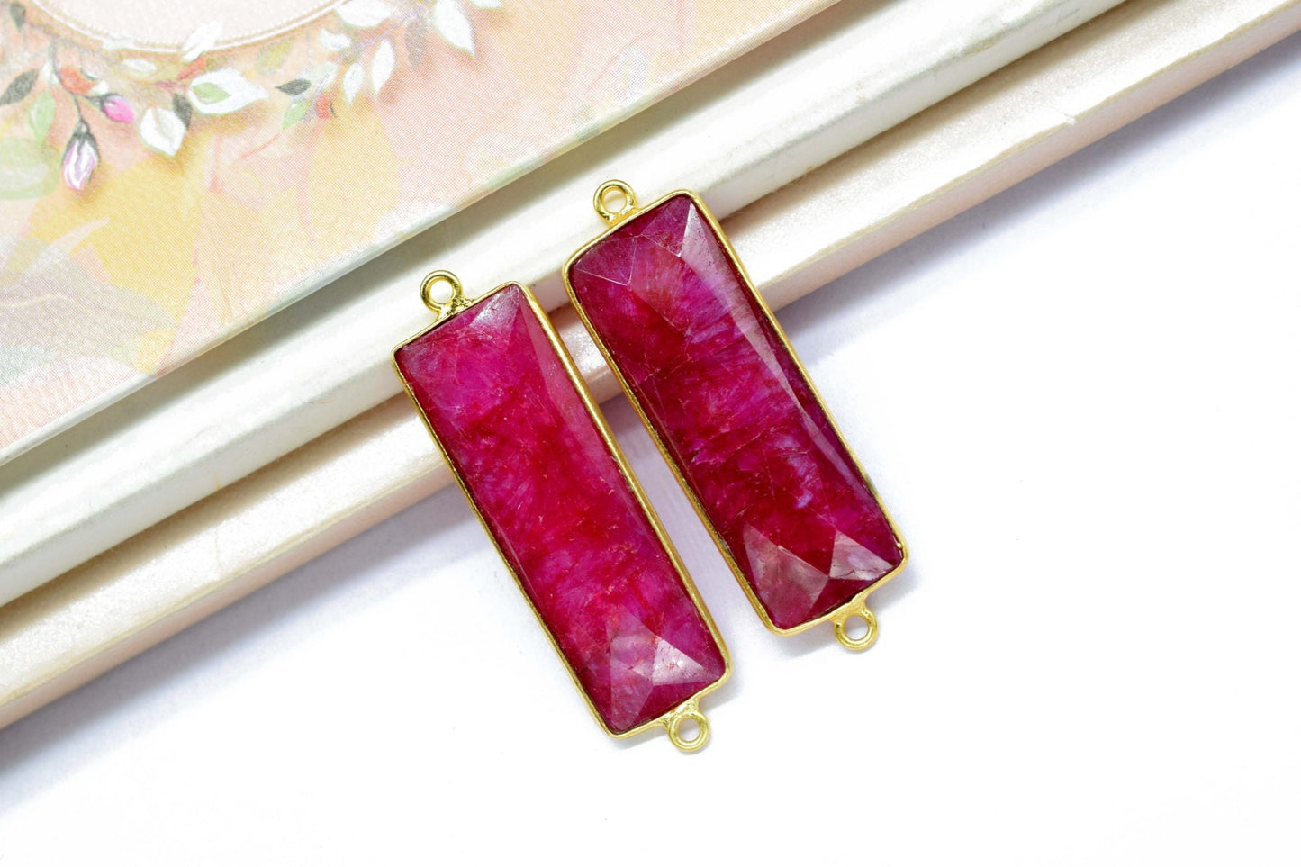 Genuine Ruby 10x30mm Bezel Charm Pendant,Rectangle Shape Gold Plated bezel,Gold Vermeil Bezel, jewelry making charm,Gold-Filled bezel charm