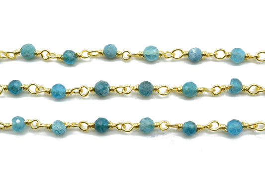 Apatite 3mm Beaded Chain,Apatite wire wrapped chain,Beaded chain,rosary chain,jewelry making supplies,Apatite Gold Plated Wire Wrapped Chain