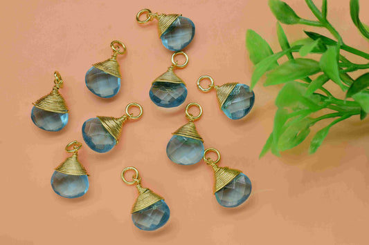 Sky Topaz Faceted Connector, Wire Wrapped Gemstone Pendant, 10mm Heart Shape Gemstone Bezel, Topaz Faceted Charms, Sky Topaz Pendant Jewelry