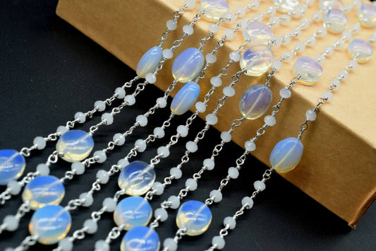 Opalite Gold Plated rosary Chain,Oval Necklace Chain,Opalite Chain,Selling Per Foot,Moonstone beads chain,Moonstone beads rosary chains