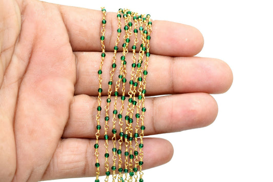 Green Onyx 2mm Rosary Beaded Chain,Green Onyx Faceted Beads Wire Wrapped Chain,Brass chains,Jewelry Making Chains,2mm Beaded Chain Jewelry