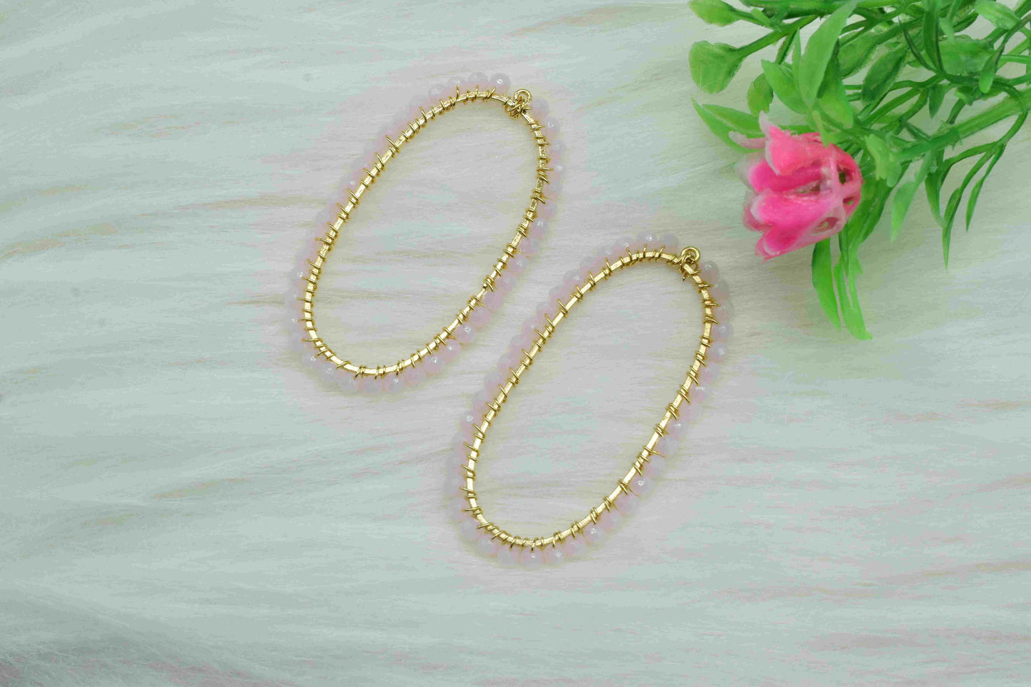 Pink Chalcedony Wire Wrapped Connector,Oval Pendant Component,Rose Quartz Handmade link,Beaded Hoops Finding Component,Pink Quartz Jewelry