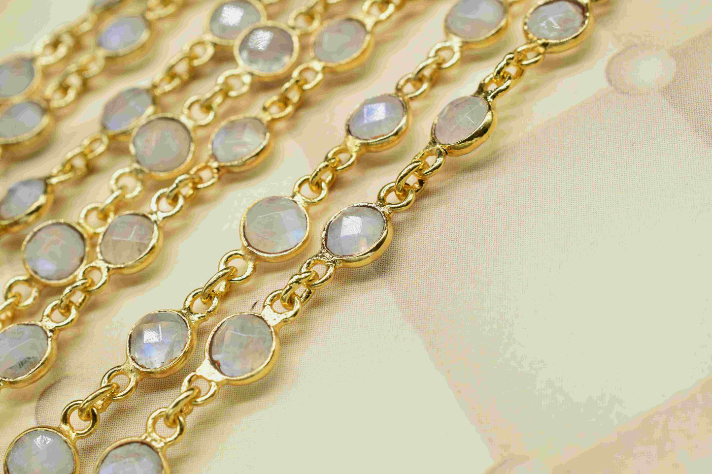 Rainbow Moonstone Bezel Chain Connector, Gold Plated Gemstone Chain, Bracelet Chain,Round Bezel Beads Rosary Chain,Rainbow Jewelry Connector
