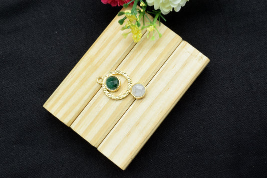 Emerald + Moonstone Gemstone Pendant , Multi Gemstone Handmade Pendant , Single Bail Checker Cut Gemstone Connector, Gold Plated Connectors