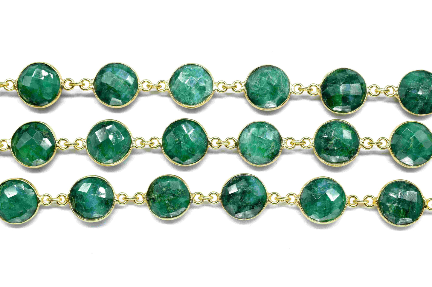 Natural Emerald 10mm Round Shape Faceted Bezels Chain,Gold Bezel Chain,Gemstone Bezels link Chain,Emerald Bezel Jewelry,Emerald Jewelry,Gift