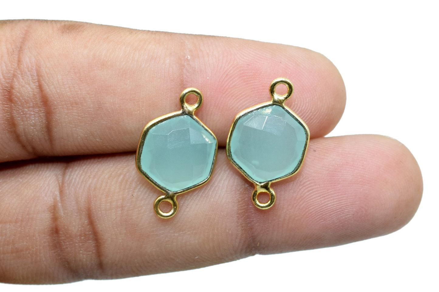 Aqua Chalcedony 10mm Hexagon shape double bail connectors,Hexagon Pendant,Aqua charms,Aqua Chalcedony double loop connectors,Hexagon bezels