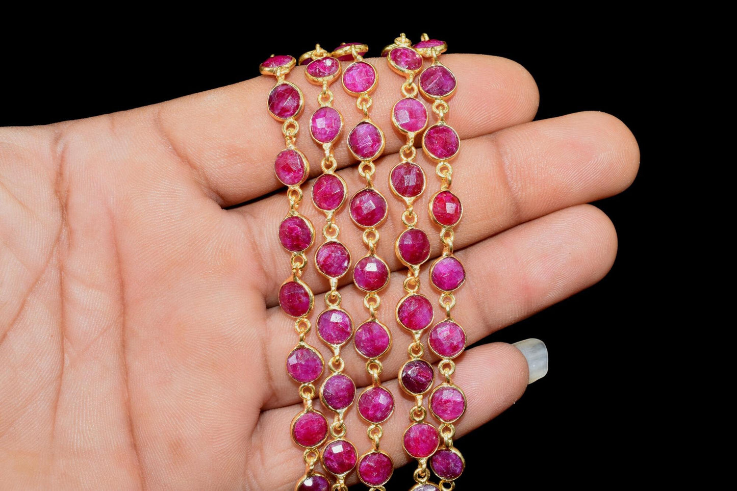 Natural Ruby Faceted Bezel Connector,Finding Round Bezel Chain,handmade Jewelry Chain,Station Link Chain,Ruby Round Beads Chain necklace