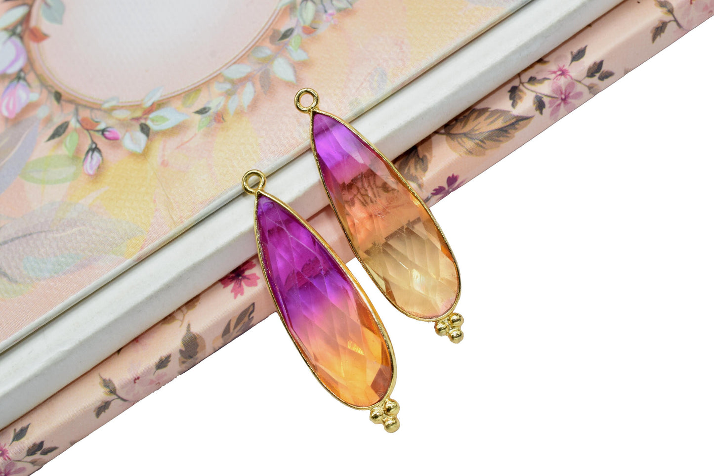 Ametrine 10x30mm Bezel charms,Bezel Link Supplies,Ametrine Jewelry Making,Brass Connector Pendant,GemstoneTeardrops Ametrine Pendant,Gift