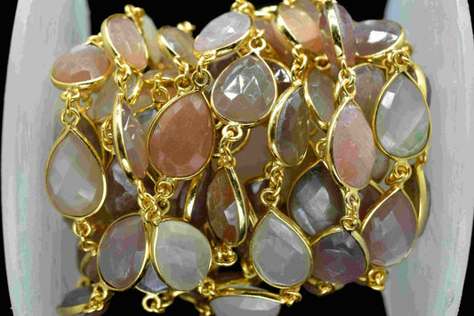 Multi Moonstone Bezels Chain,Moonstone 9x13mm Bezel,Gemstone Link Connector,Moonstone Faceted Brass Chain,Bezels Link Chain,Gemstone Jewelry