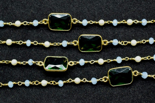 Blue Chalcedony Rosary,Emerald Quartz Bezel Link Chain,Pearl Beaded Rosary Chain,Gemstone Bezel Chain,Gold Plated Rosary Chain,Beaded Chain