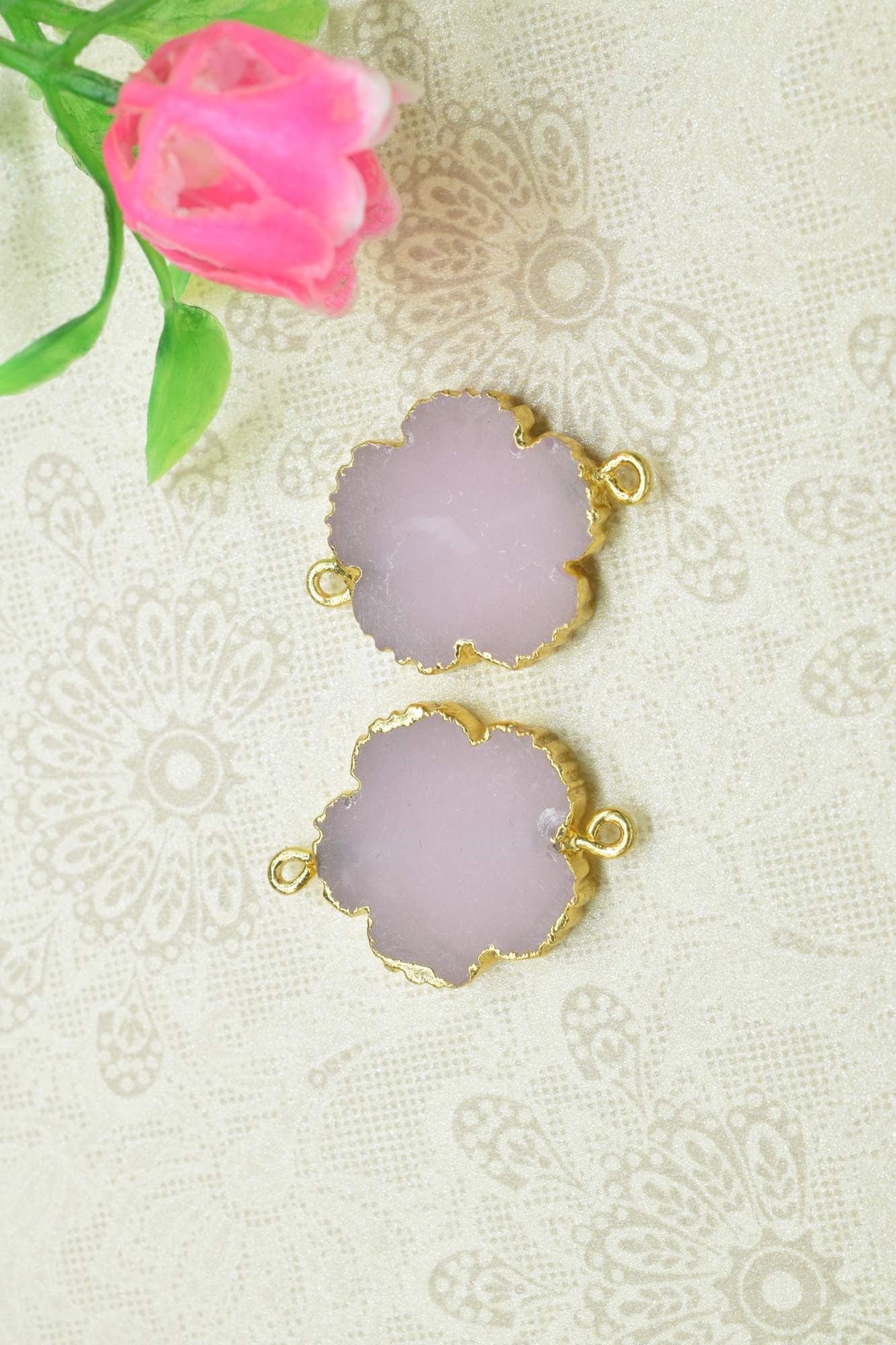 Rose Quartz bracelet charm Pendants,Handmade Flower Pendant,Necklace Connectors Jewelry,Gemstone Electroplated Charm,Double Bail Connector