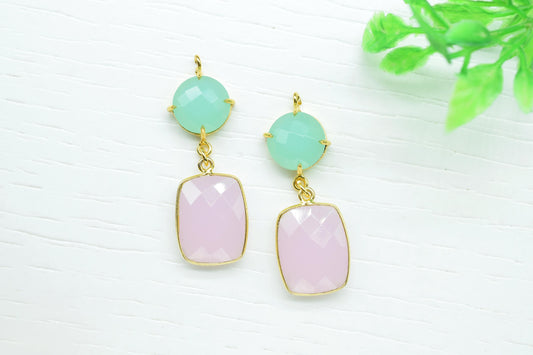 Aqua Chalcedony Prong Setting Bezel Charm/Handmade Pendant/Multi Stone Pendant/Station Bezel Link/Rose Quartz Connector/Earring Connector