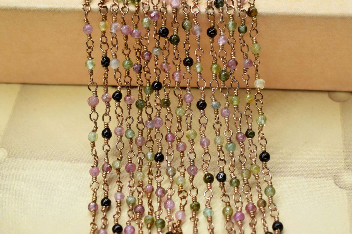 Multi Tourmaline 2mm round Rosary chain,Handmade Rosary, rose Gold Plated Rosary Chain,Brass rose gold plated cluster chain,gemstone chain