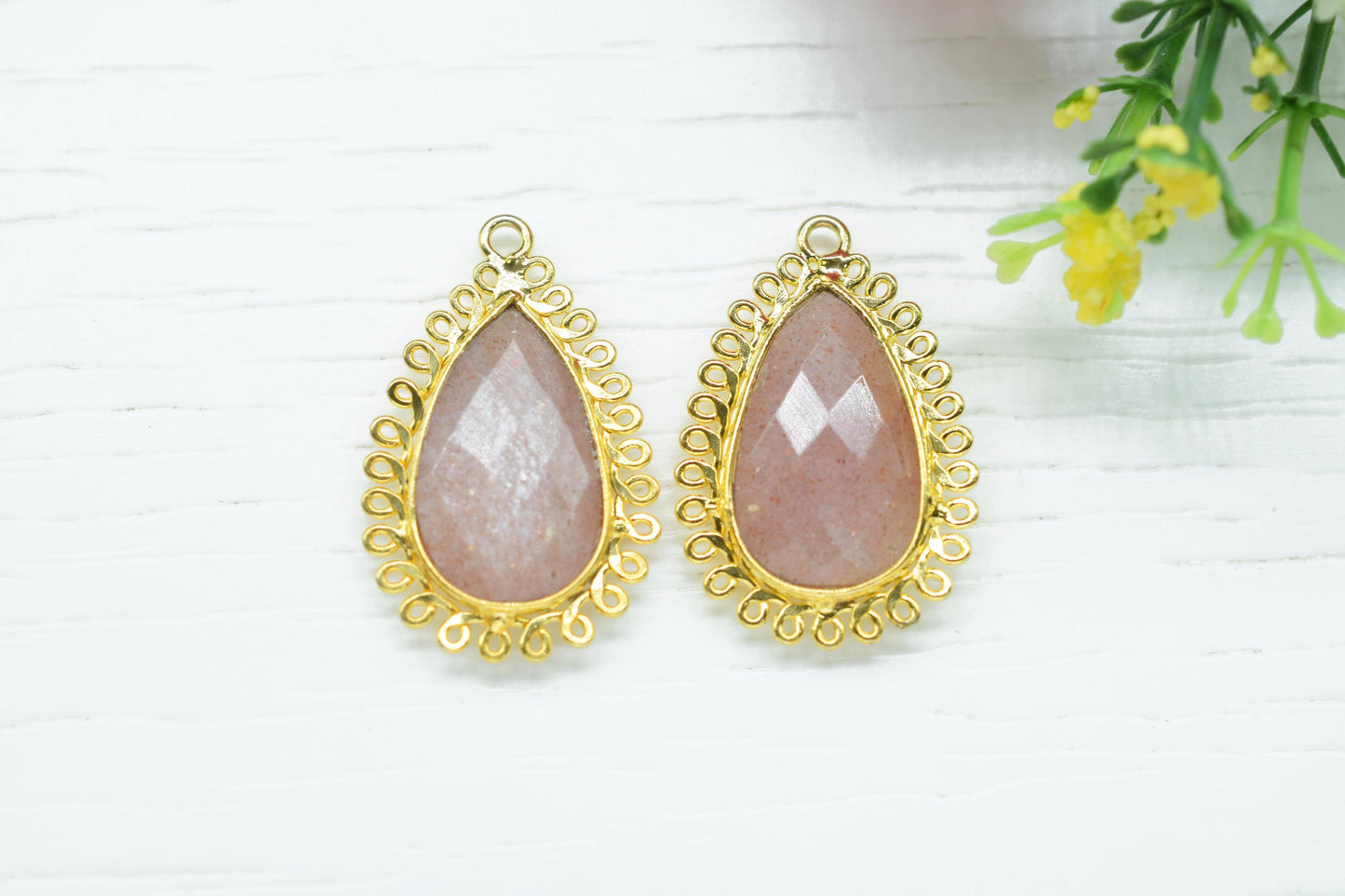 Peach Moonstone 12x20mm Teardrop Bezel Charms,Gemstone Brass Component,Wholesale Jewelry,Single Bail Pendant,Handmade Jewellery Connectors