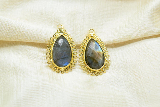 Labradorite 12x20mm Teardrop Bezel Charms,Gemstone Brass Component,Wholesale Jewelry,Single Bail Pendant,Handmade Jewellery Connectors,Gift