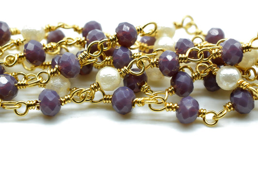 Lavender chalcedony Beaded Chain,pearl Rosary Chains,beaded Wire Wrap Chain,Lavender Brass chain,Jewelry Making ChainBlack chain,brass jewel