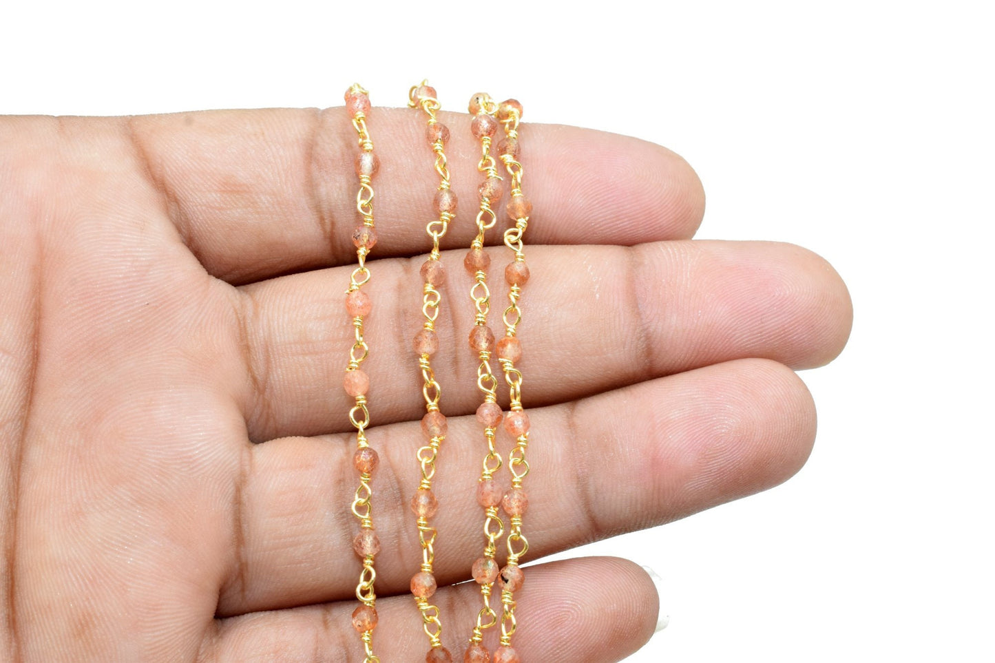Sunstone 3mm Beaded Chain,Rosary Chain,Sunstone Bead,Anglican Rosary,Wire Wrapped Gold Chain,18 k Gold Natural Sunstone Rosary Chain Finding