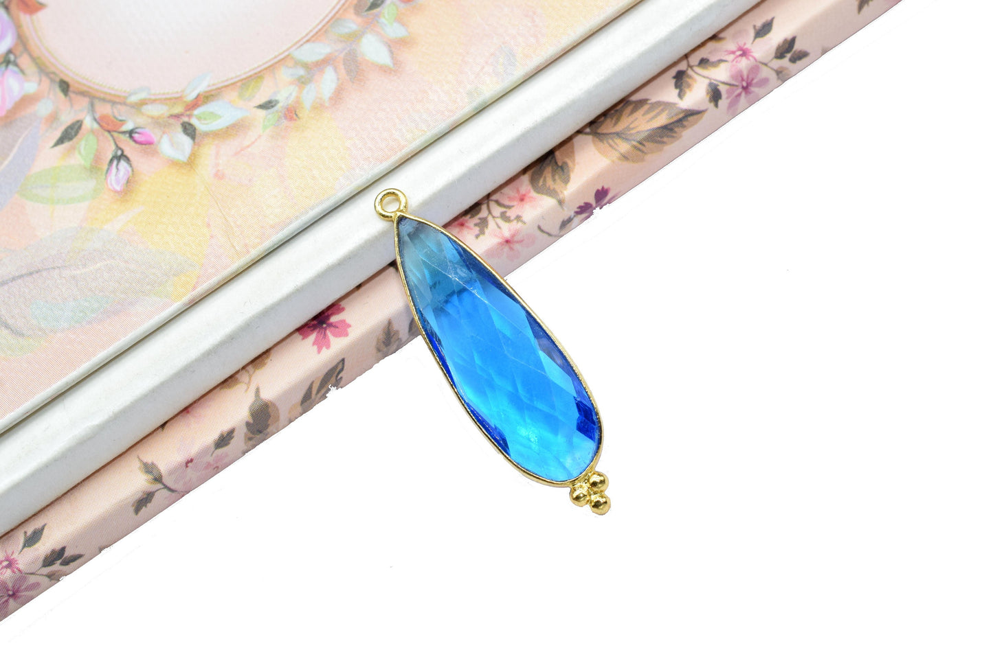 Blue Topaz 10x30mm Bezel charm,Blue Topaz Pendant,Station Bezel Link Supplies,Blue Topaz Jewelry Making,Connector Pendant,Gemstone Teardrop