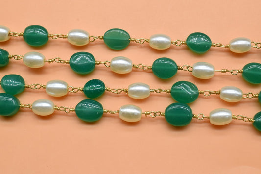 Bulk Chain, Pearl, Green Onyx Hydro Beads Rosary Chain, Gold Plating Wrapped Rosary Chain, Oval Gemstone rosary Chain, Pearl Beads Chain,
