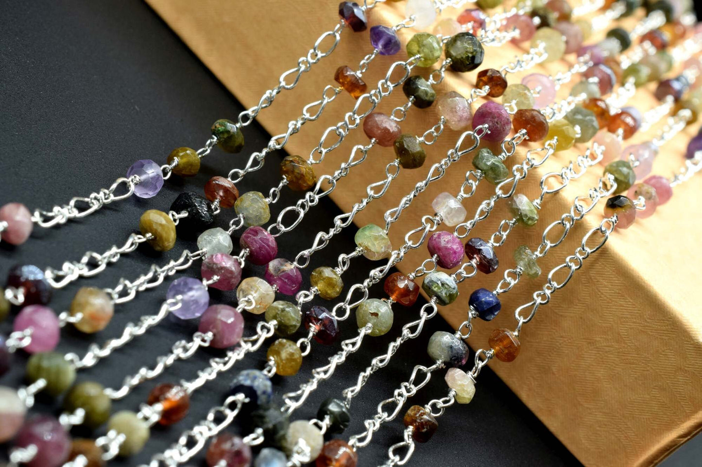 Multi Tourmaline Rosary Chain,Multi Tourmaline Wire Wrapped Rosary,beaded chain,Natural Multi Tourmaline beaded Chain,gold chain,chains,