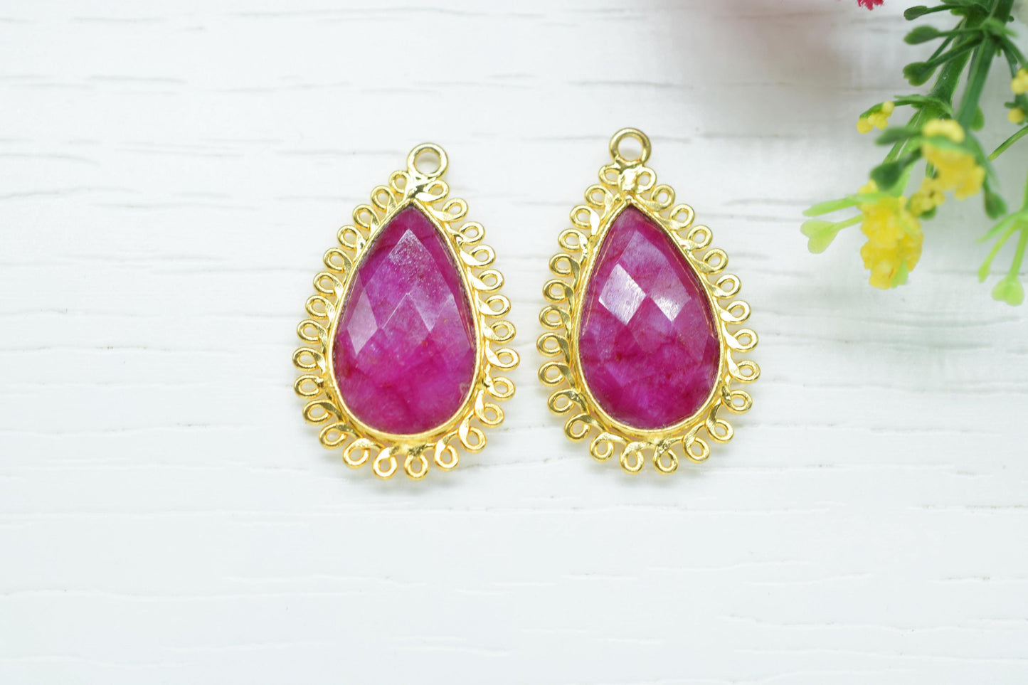 Natural Ruby 12x20mm Teardrop Bezel Charms,Gemstone Brass Component,Wholesale Jewelry,Single Bail Pendant,Handmade Jewellery Connectors,Gift
