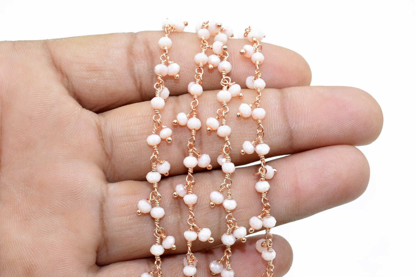 Pink Opal Cluster Beaded Chain,Rose Gold Plated wire wrapped Rosary Chain,Dangling Faceted Wire Wrapped Beaded Chain,PinkOpal handmade chain