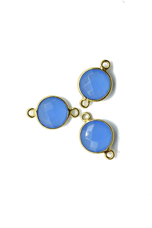 Blue Chalcedony 10mm Round double bail connectors,Blue Chalcedony Gold Plated Gemstone Bezel Connector,Blue chalcedony Double Loop connector