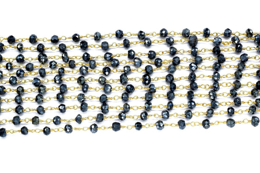 Black Spinel Beaded Chain Rosary Chain,Rondelle Rosary Chain Beads Gold Wire Wrapped Beads Chain,handmade,jewelry making,Jewelry chain,craft