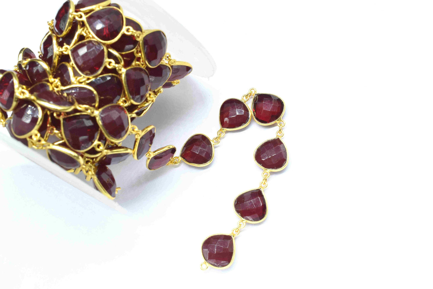 Garnet Gemstone 12mm Heart Shape Bezel Chain, Gemstone Connector Chain, Garnet Connector Link Chain, Garnet Loop Connector Chain For Jewelry