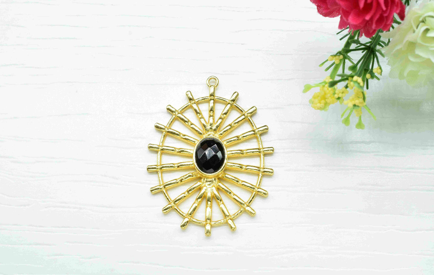 Black Onyx Gemstone Component Single Bail Charm, Black Onyx Connector Pendant, Gold Plated Connectors ,Pendant Jewelry, Earring Component