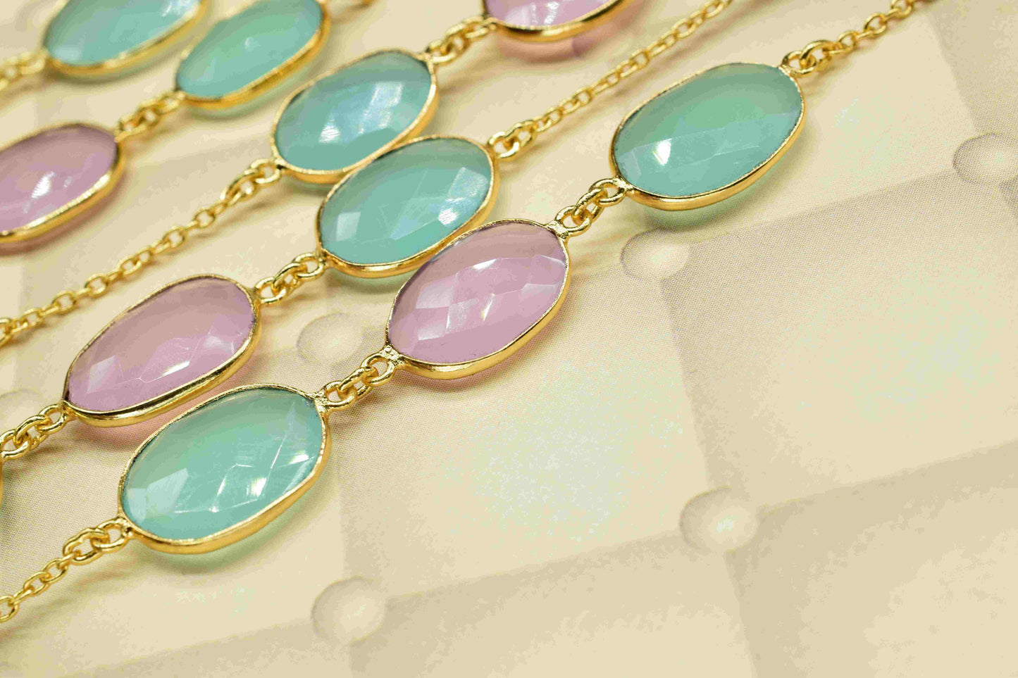 Aqua Chalcedony & Pink Chalcedony Oval Connector Chain,Gemstone Gold Plated Rosary Chain,Bezel chains, Chalcedony Gold Bezel Connector Chain