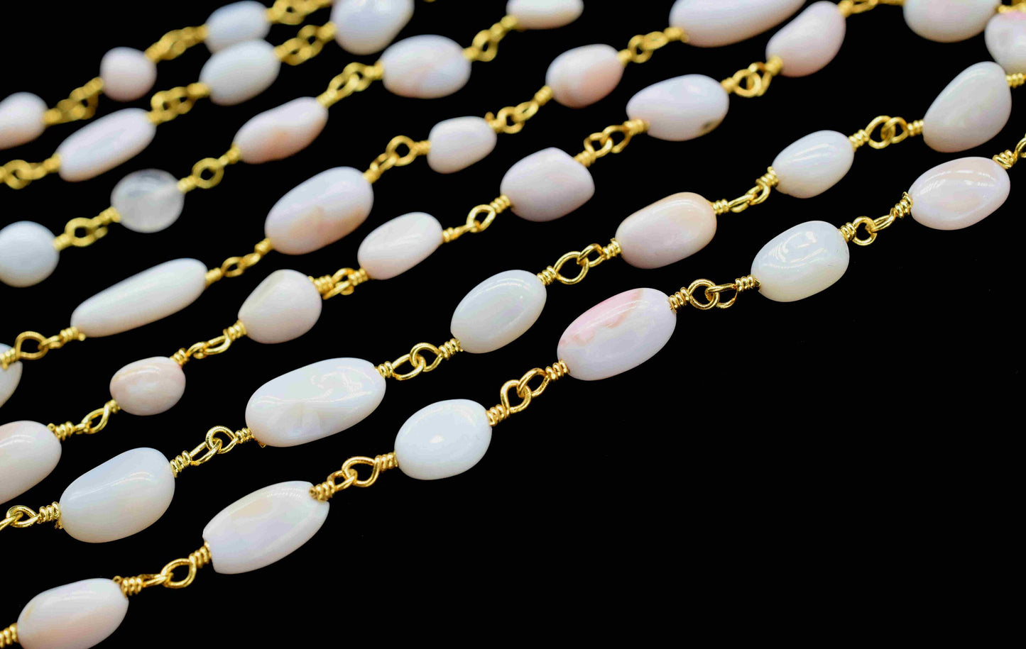 Pink Opal Smooth Beads Rosary Chain,Pink Opal Smooth Beads Chain,Pink Opal Gold Plated Beaded Chain,Pink Opal Oval shape Beaded Chain,Gift