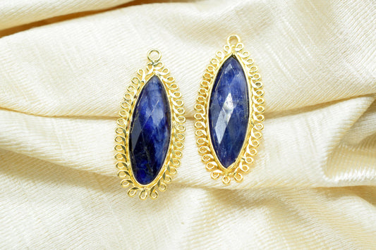 Blue Sapphire 10x30mm Teardrop Bezel Charm,Long charms,Gemstone Brass Component,Single Bail Pendant,Handmade Jewellery Connectors,B'day gift