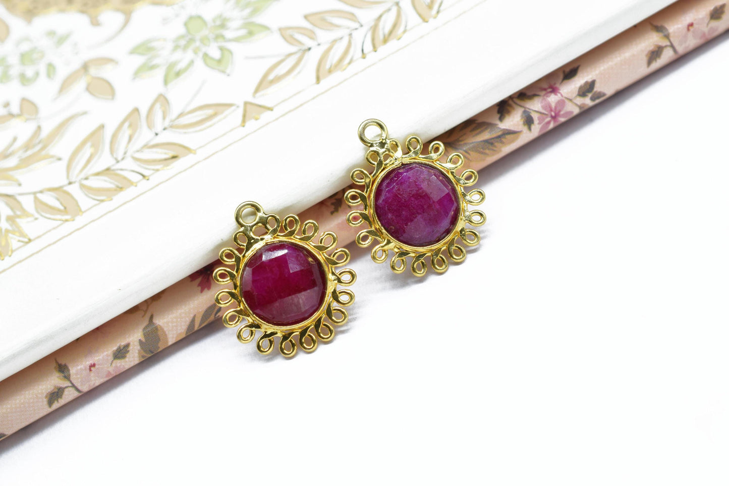 Natural Ruby 10mm Round Bezel Charm,Gemstone Brass Component,Single Bail Pendant,Round Faceted charms,Handmade Jewellery Connector,Gift