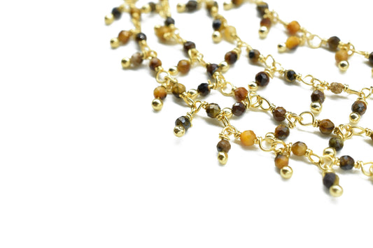 Tiger Eye 2mm Cluster Rosary Chain,Gemstone Chain,Wire Wrapped Necklace Chain,Tiger Eye Dangling Faceted Chain,Handmade Station Link Jewelry